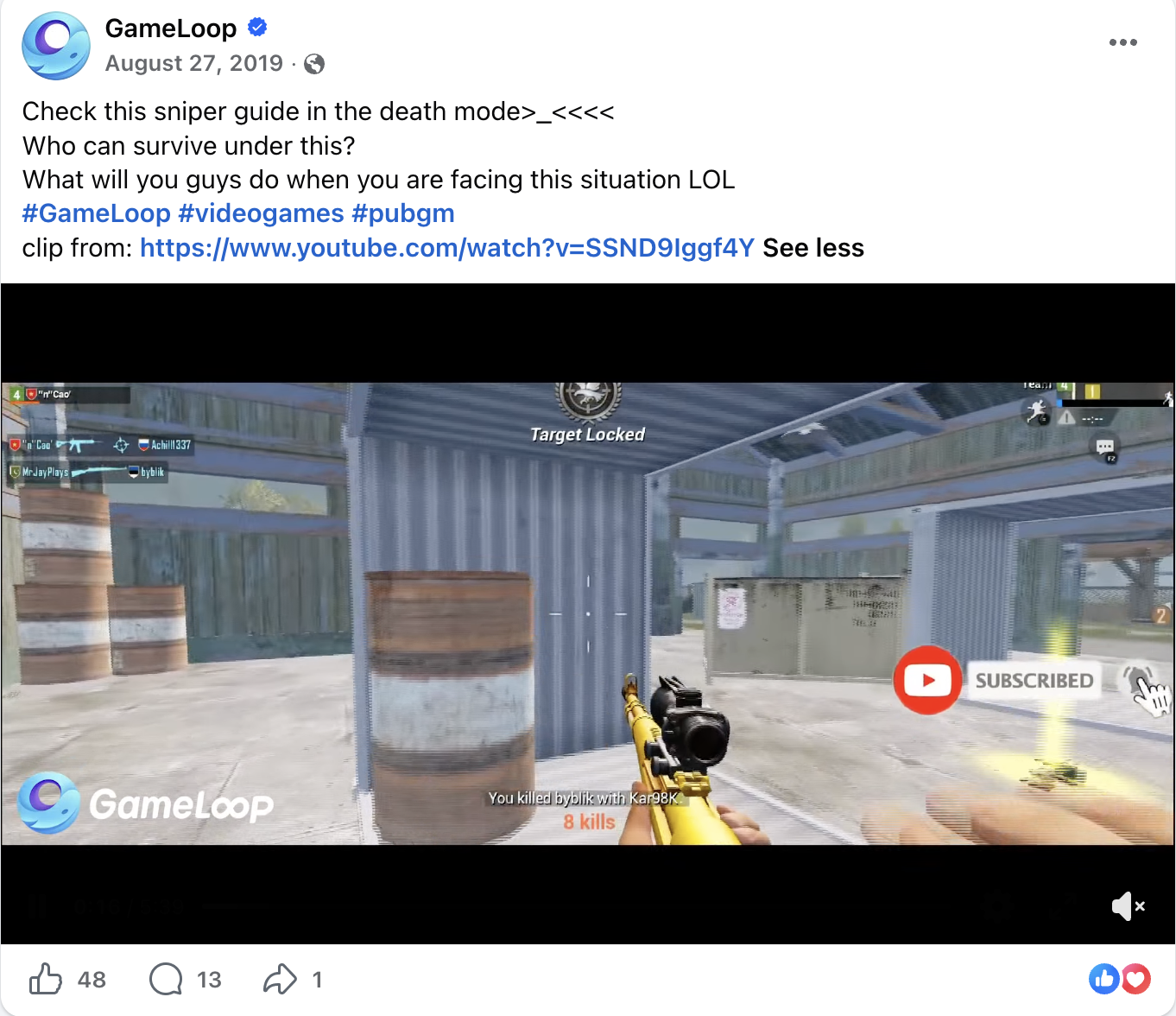 GameLoop PUBG sniper-clip post, Aug 27 2019 — 48 reactions, 13 comments