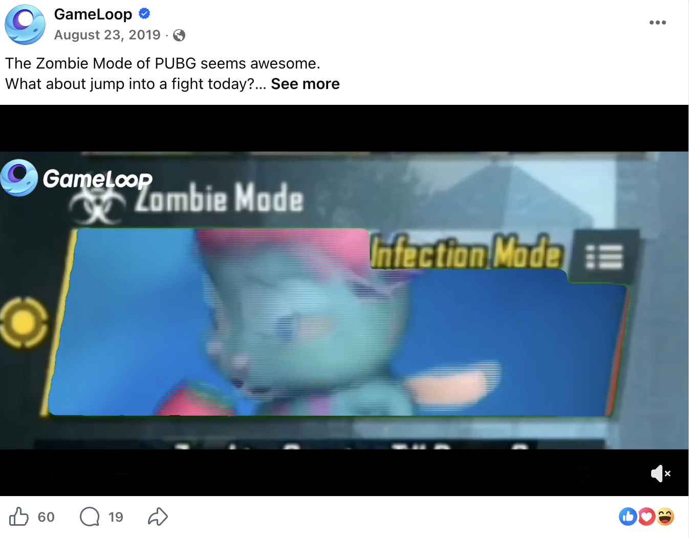 GameLoop PUBG Zombie Mode post, Aug 23 2019 — 60 reactions, 19 comments