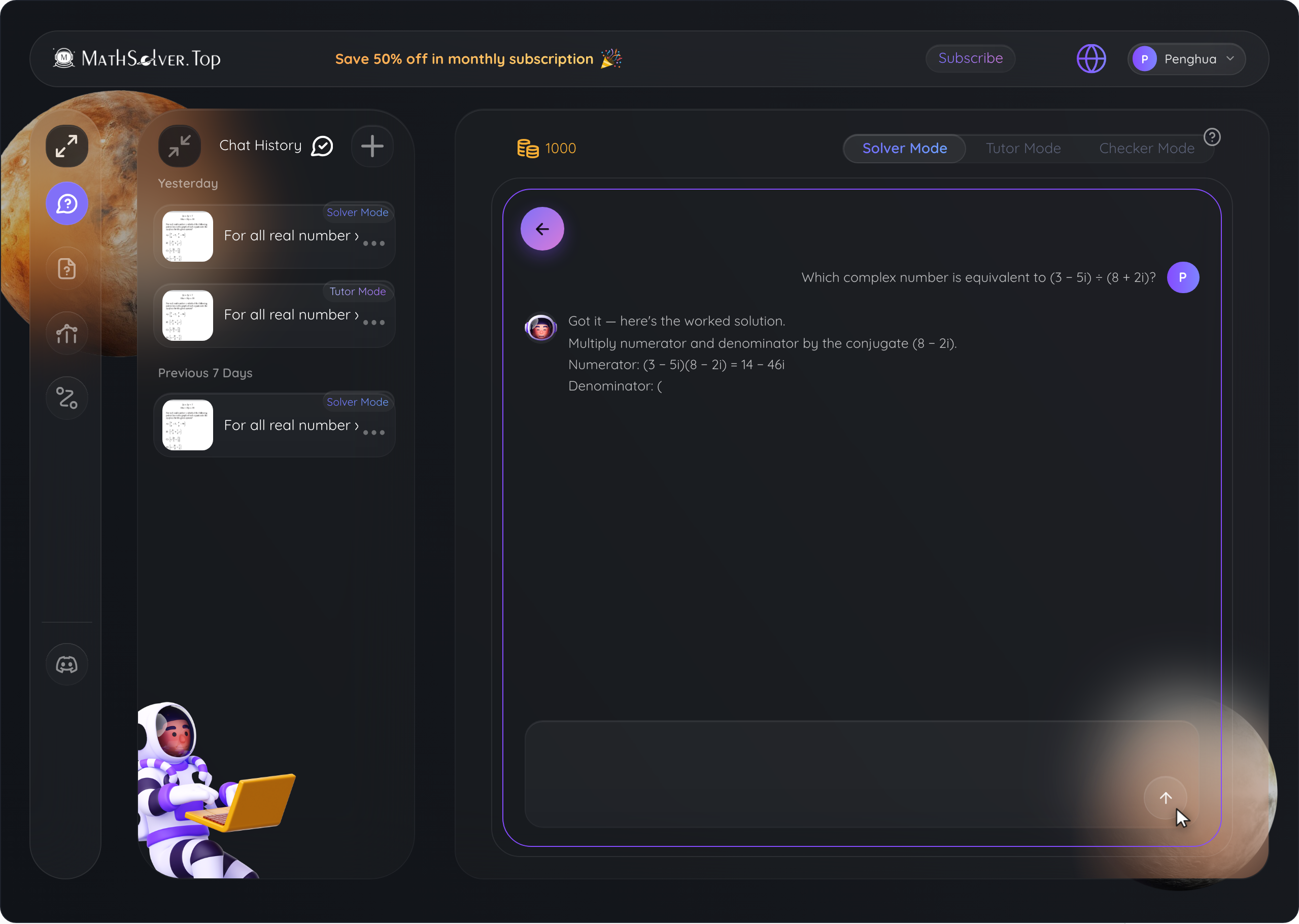 AI Tutor — Solver Mode response with question history rail