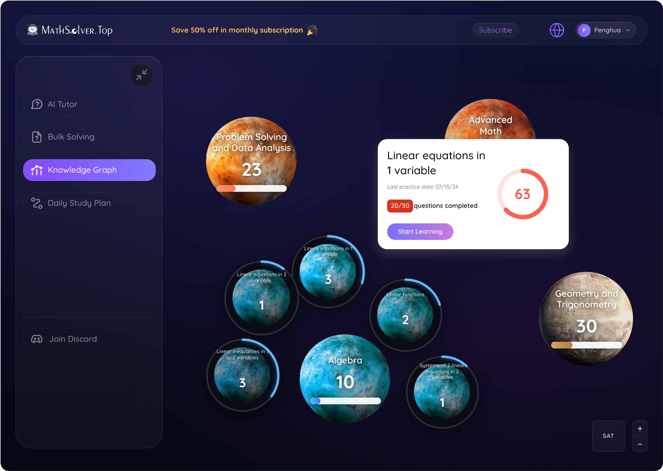 Knowledge Graph — clicked Algebra planet, sub-planets fanned out